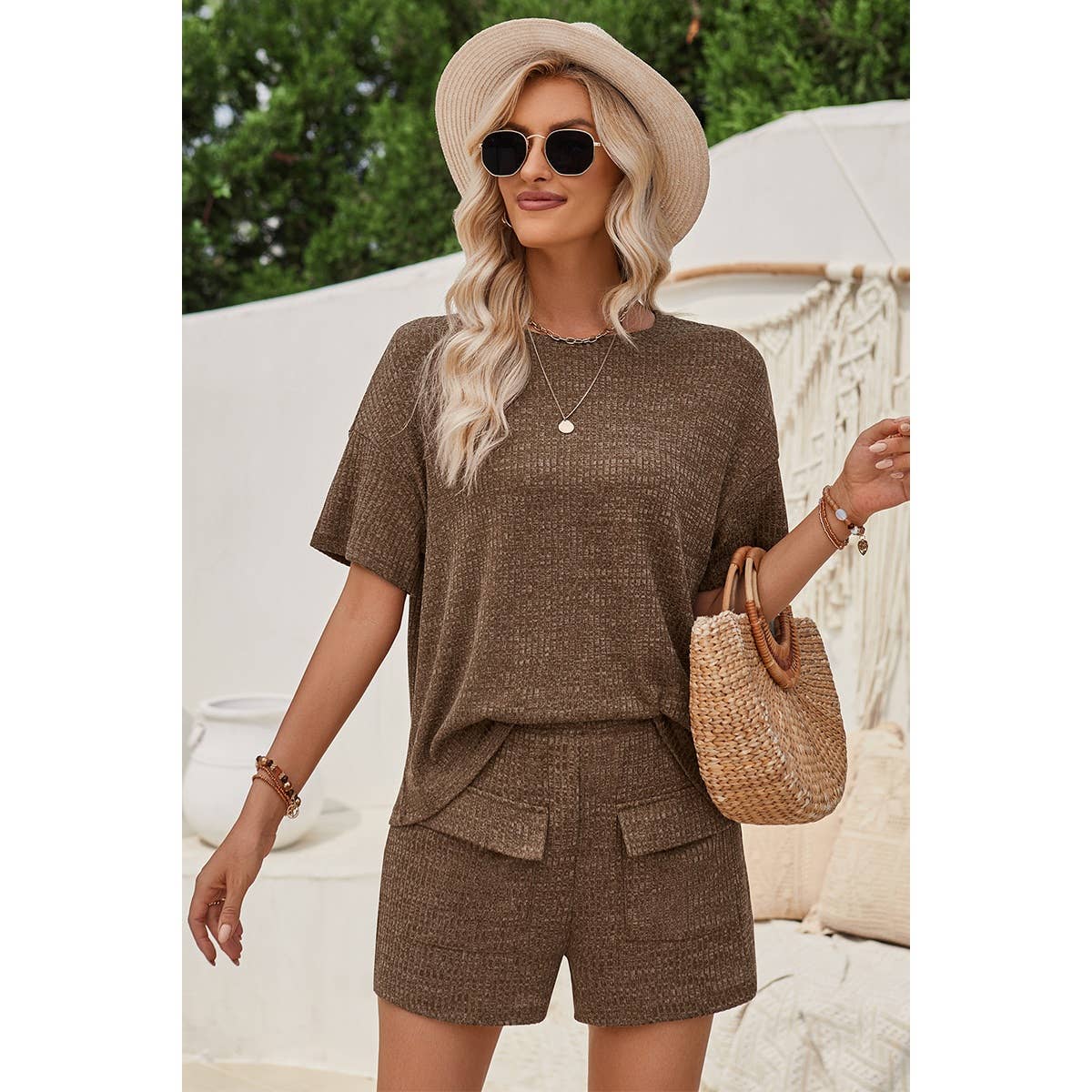 Two Pieces Pocket Trim Solid Loose Fit Sets - Elings