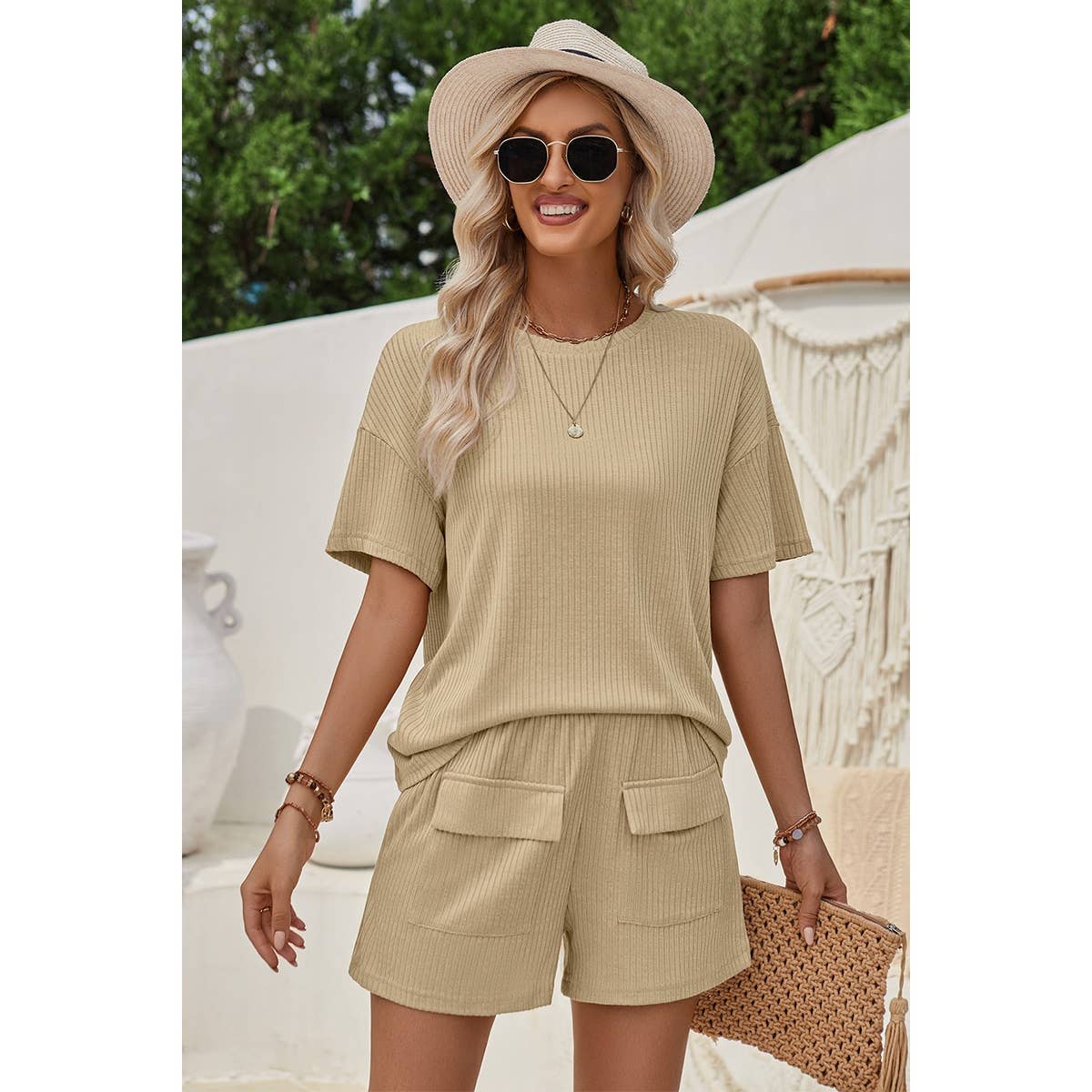 Two Pieces Pocket Trim Solid Loose Fit Sets - Elings