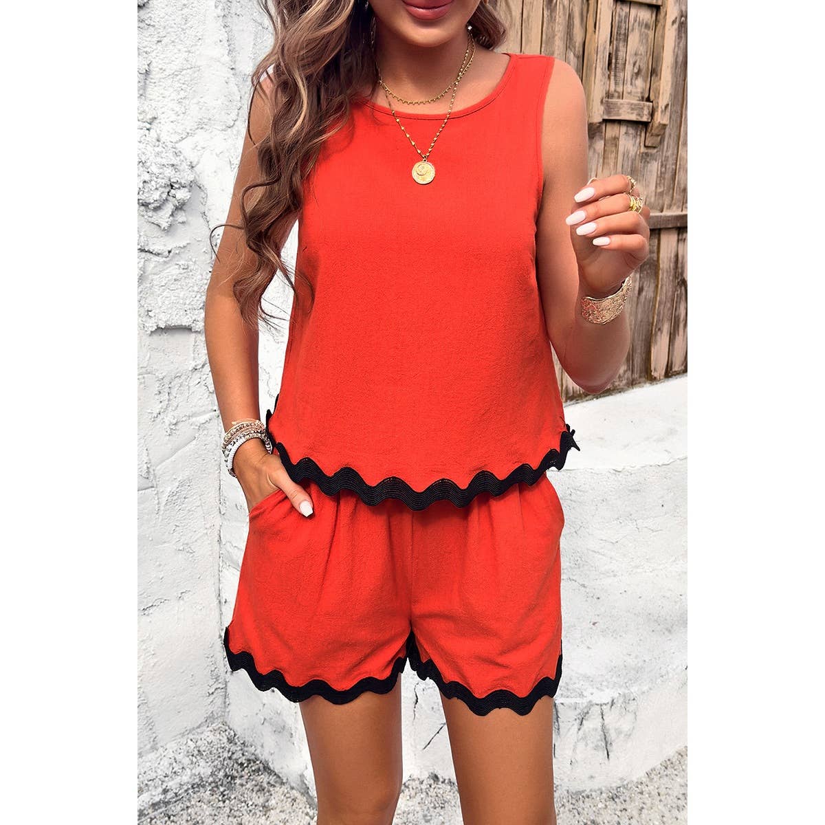 Two Pieces Printed Sleeveless Pockets Shorts Sets - MVTFASHION.COM