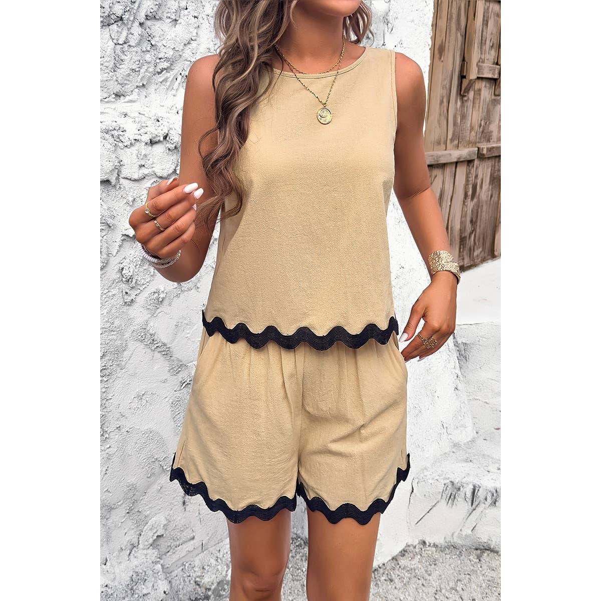 Two Pieces Printed Sleeveless Pockets Shorts Sets - MVTFASHION.COM