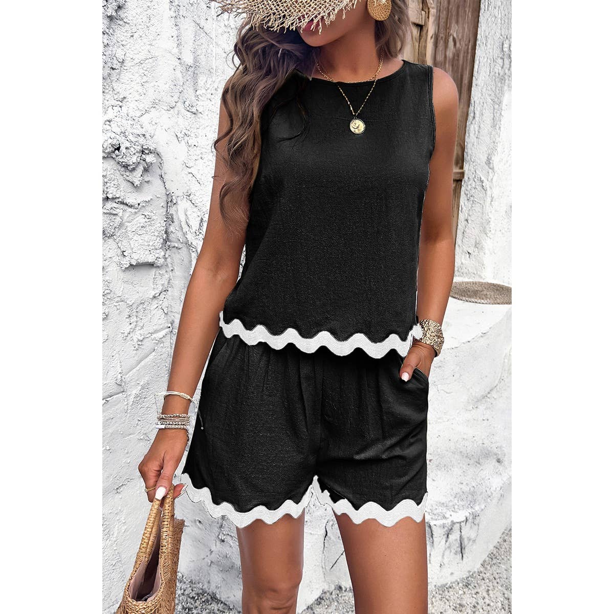 Two Pieces Printed Sleeveless Pockets Shorts Sets - MVTFASHION.COM