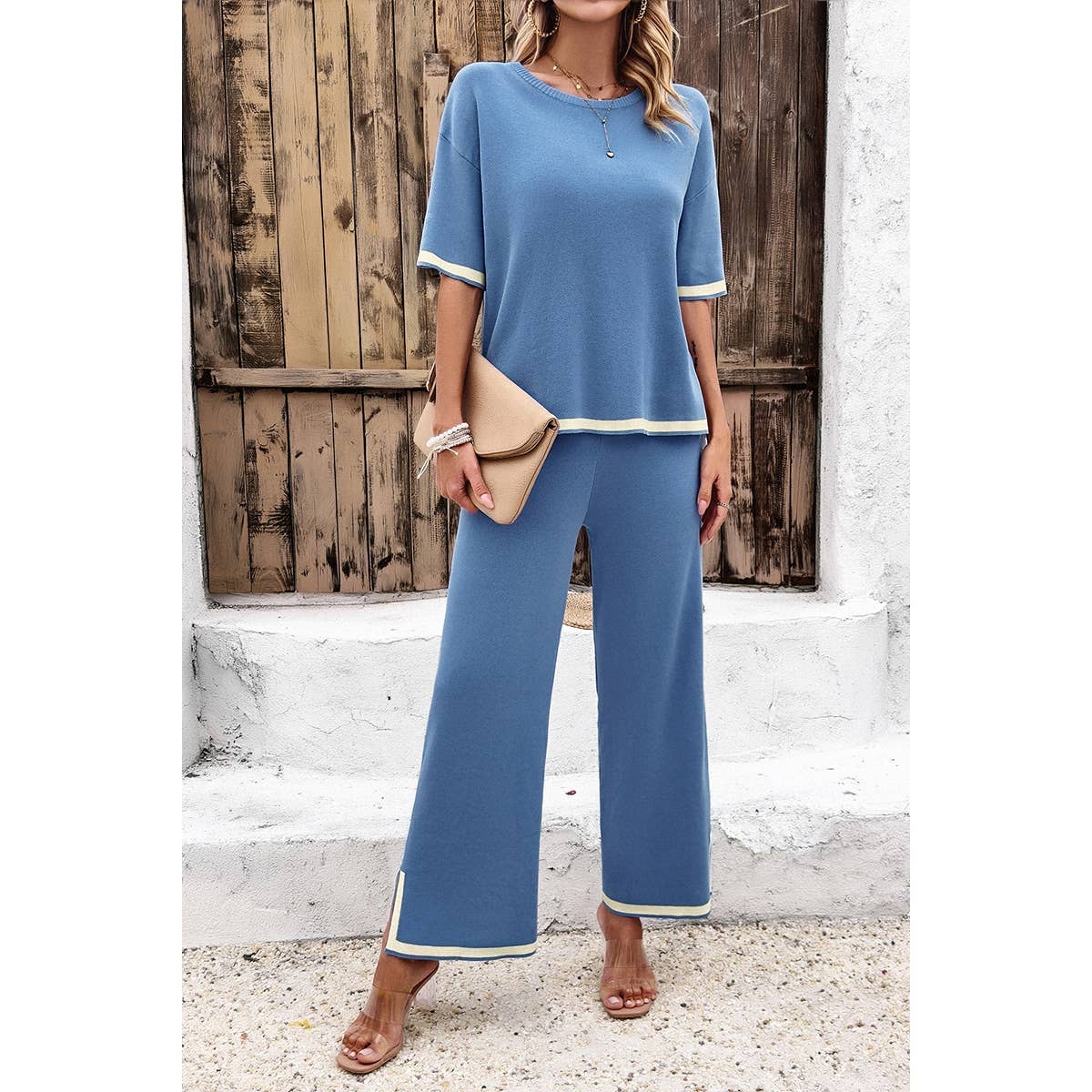 Two Pieces Round Neck Fit Blouse And Pants Sets