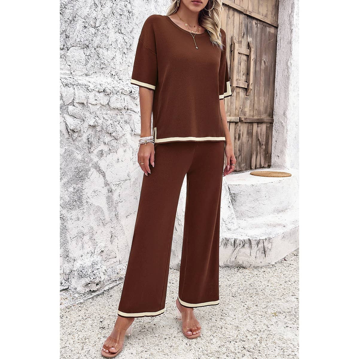 Two Pieces Round Neck Fit Blouse And Pants Sets