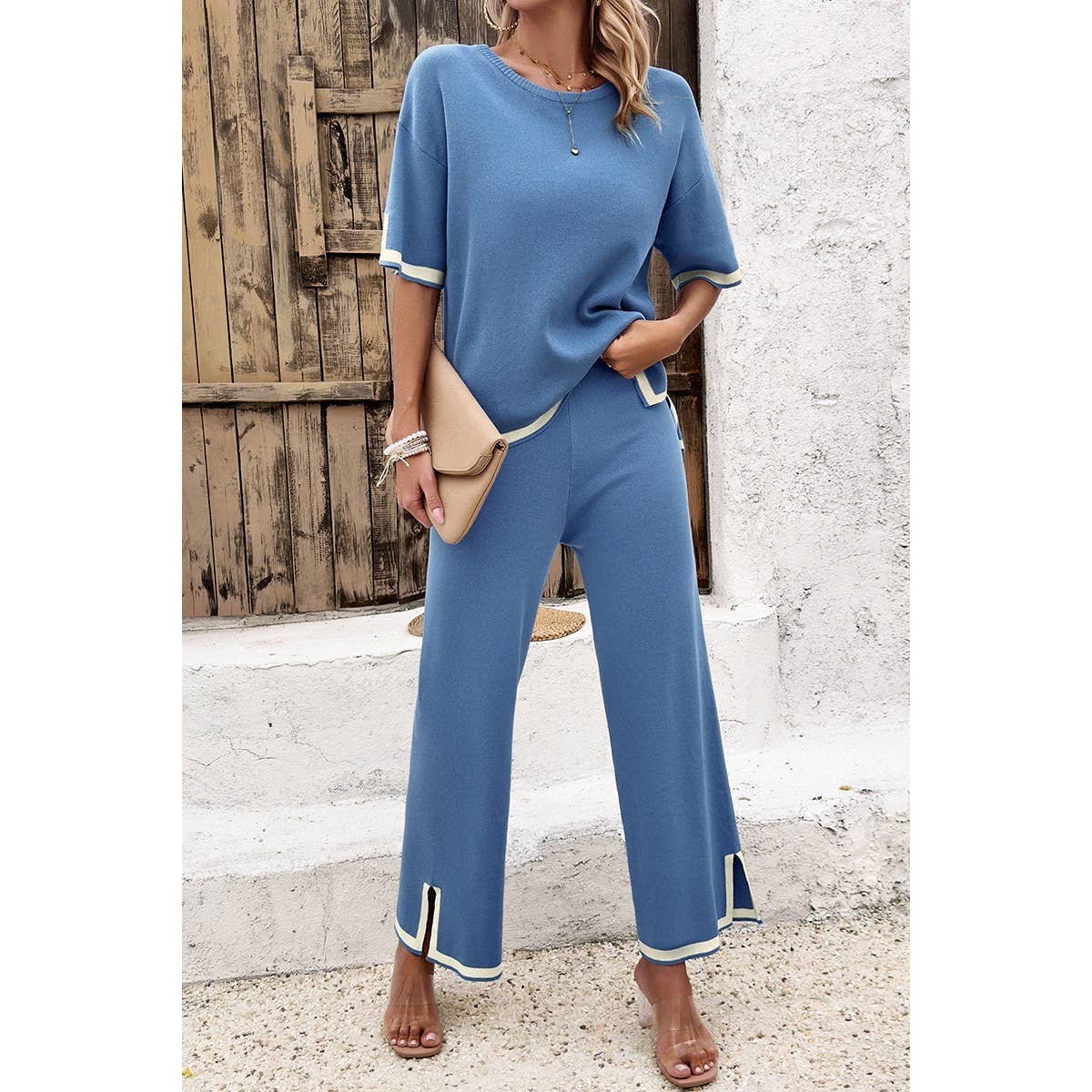 Two Pieces Round Neck Fit Blouse And Pants Sets