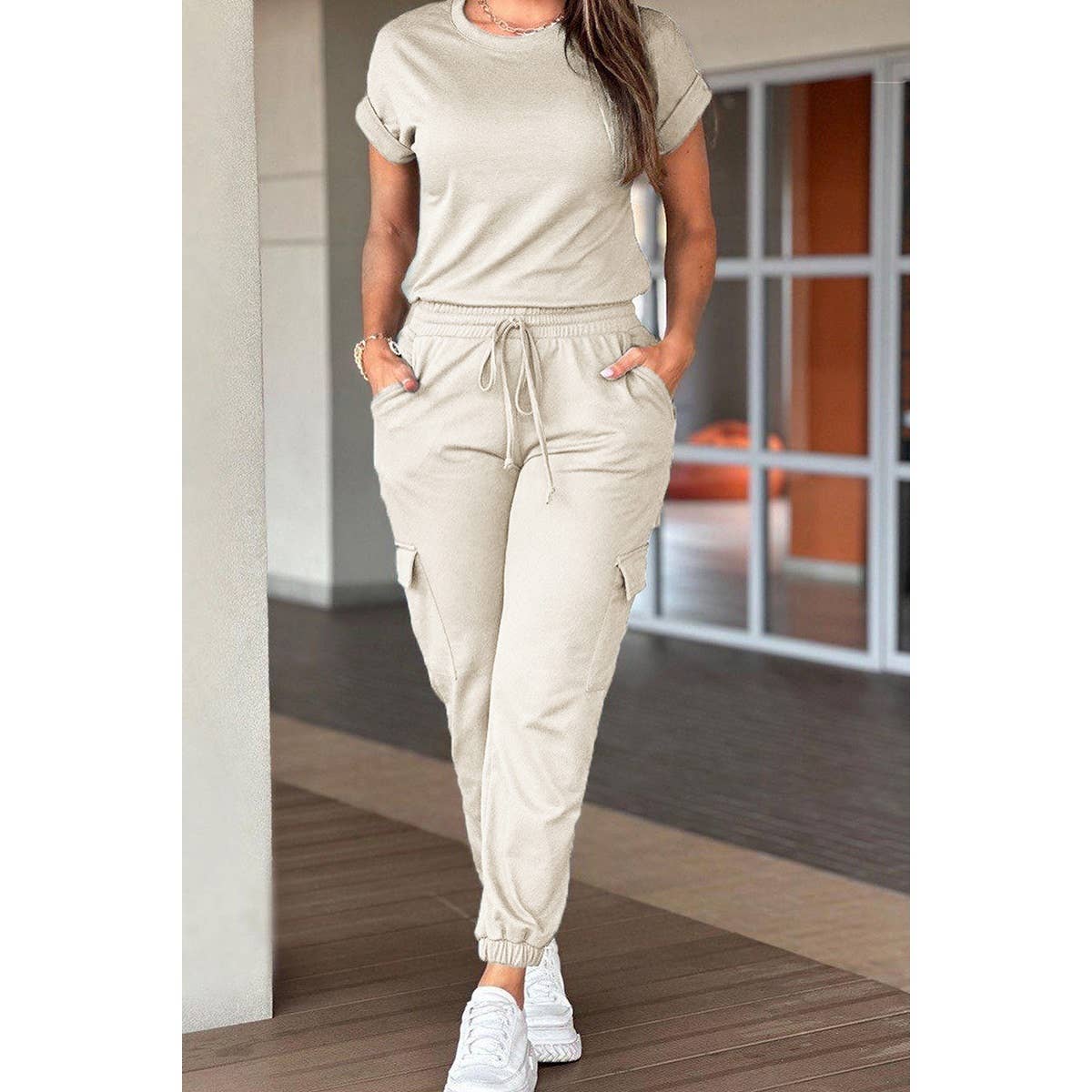 Two Pieces Solid Round Neck Shirt Drawstring Pants