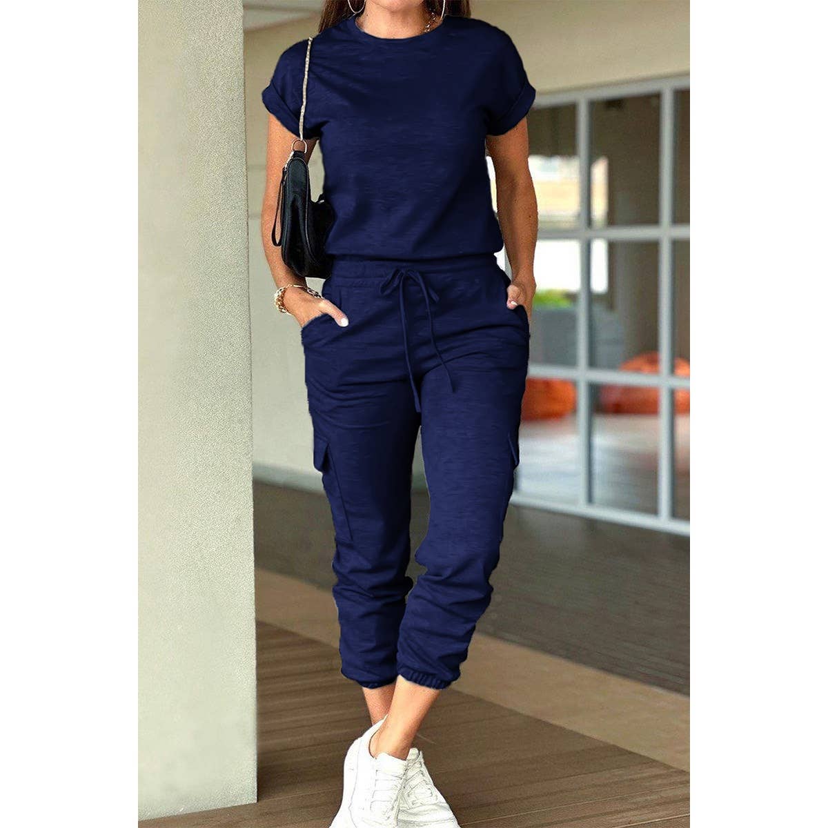 Two Pieces Solid Round Neck Shirt Drawstring Pants