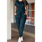 Two Pieces Solid Round Neck Shirt Drawstring Pants