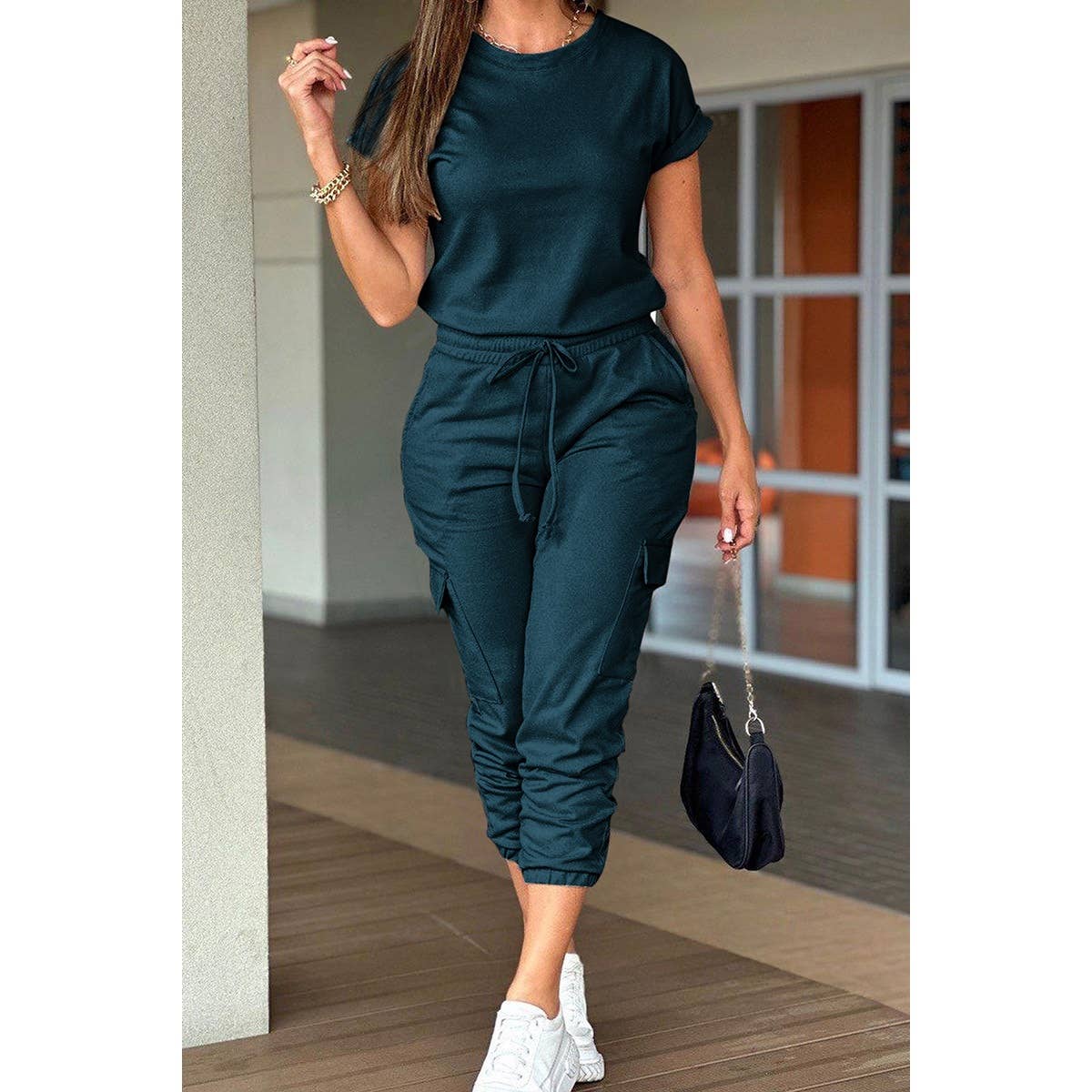 Two Pieces Solid Round Neck Shirt Drawstring Pants