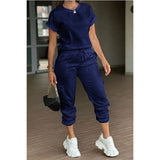 Two Pieces Solid Round Neck Shirt Drawstring Pants