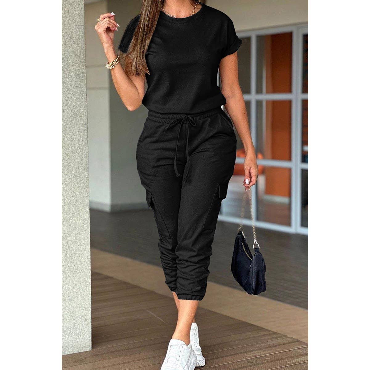 Two Pieces Solid Round Neck Shirt Drawstring Pants