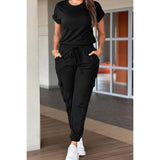 Two Pieces Solid Round Neck Shirt Drawstring Pants