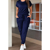 Two Pieces Solid Round Neck Shirt Drawstring Pants