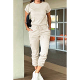 Two Pieces Solid Round Neck Shirt Drawstring Pants