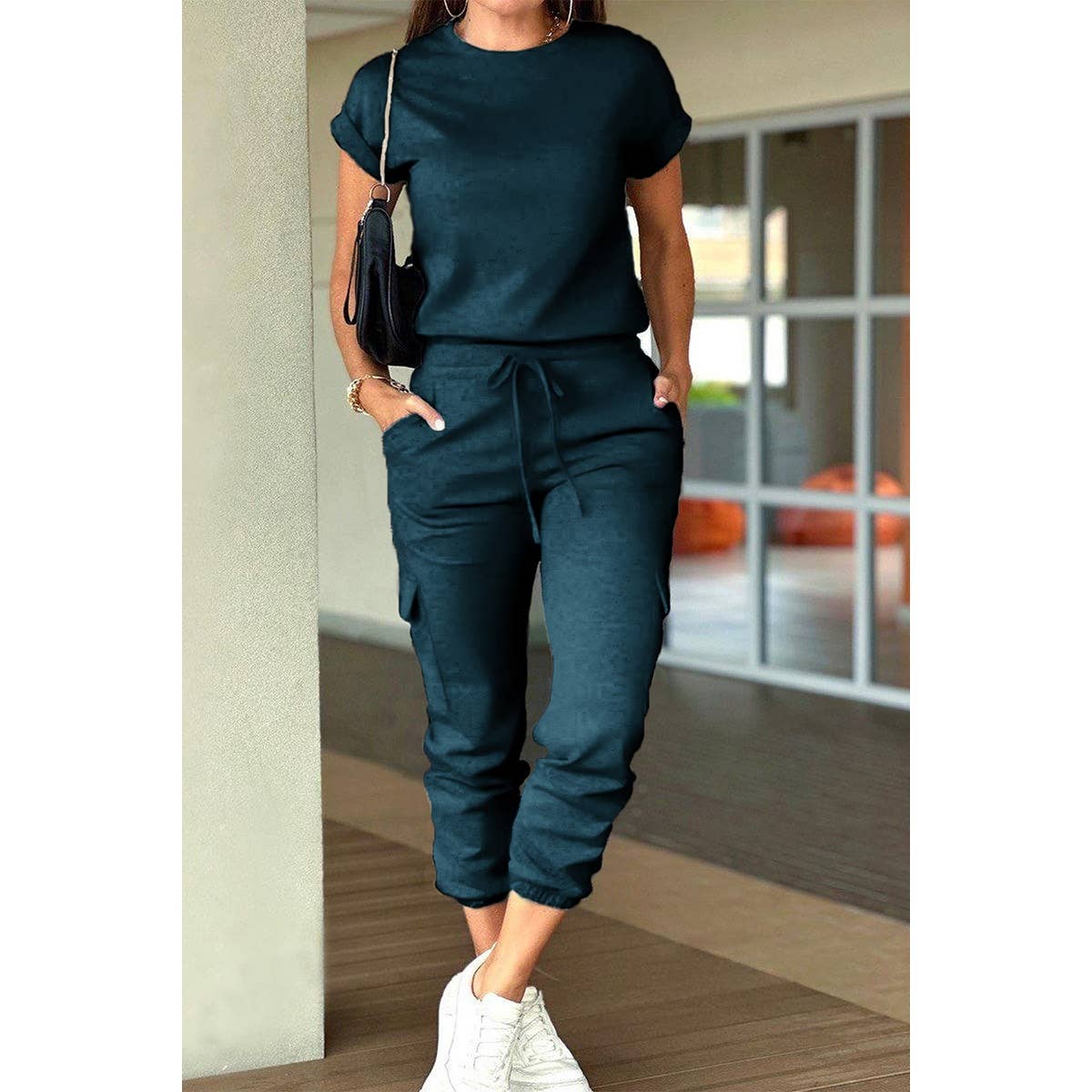 Two Pieces Solid Round Neck Shirt Drawstring Pants