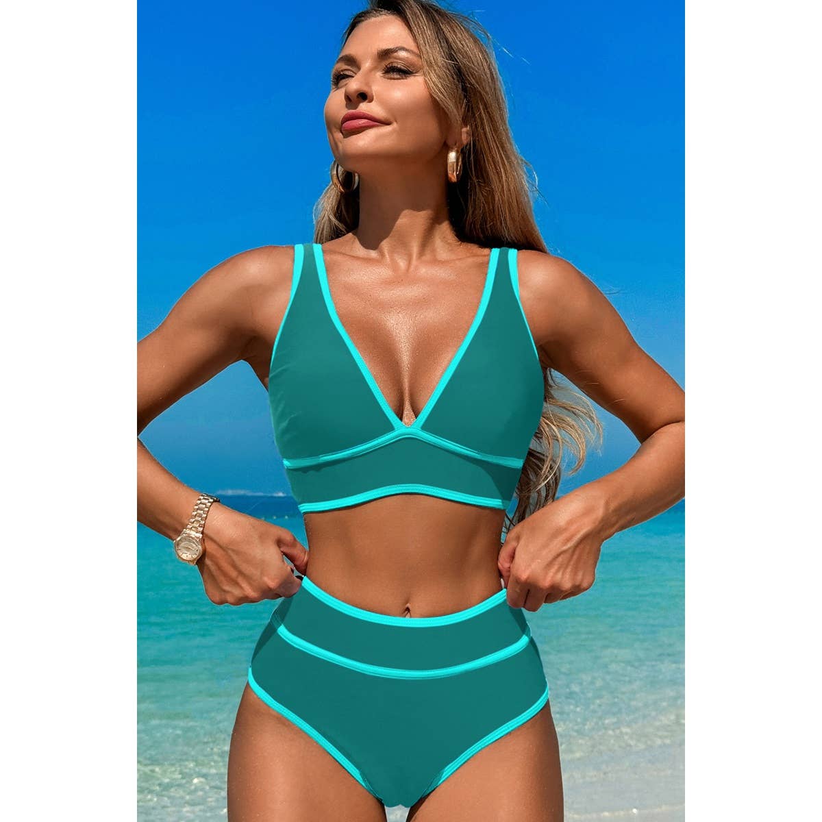 Two Pieces V Neck Bikini Brief Bottom Swimsuit