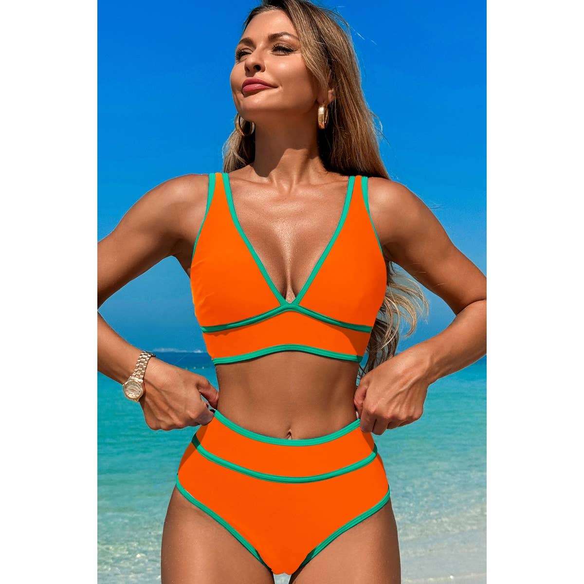 Two Pieces V Neck Bikini Brief Bottom Swimsuit