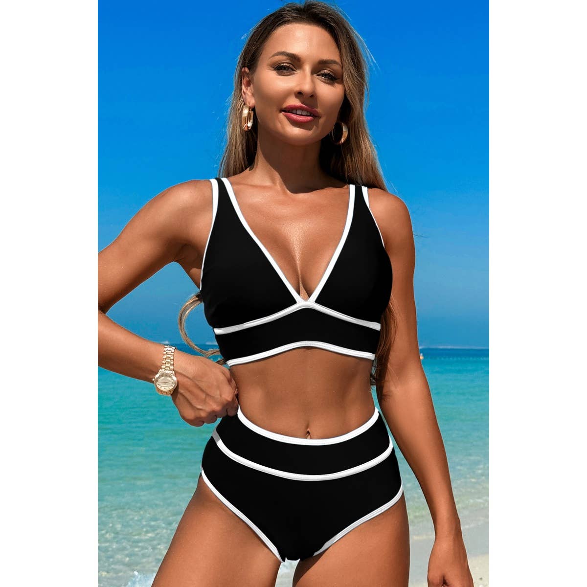 Two Pieces V Neck Bikini Brief Bottom Swimsuit