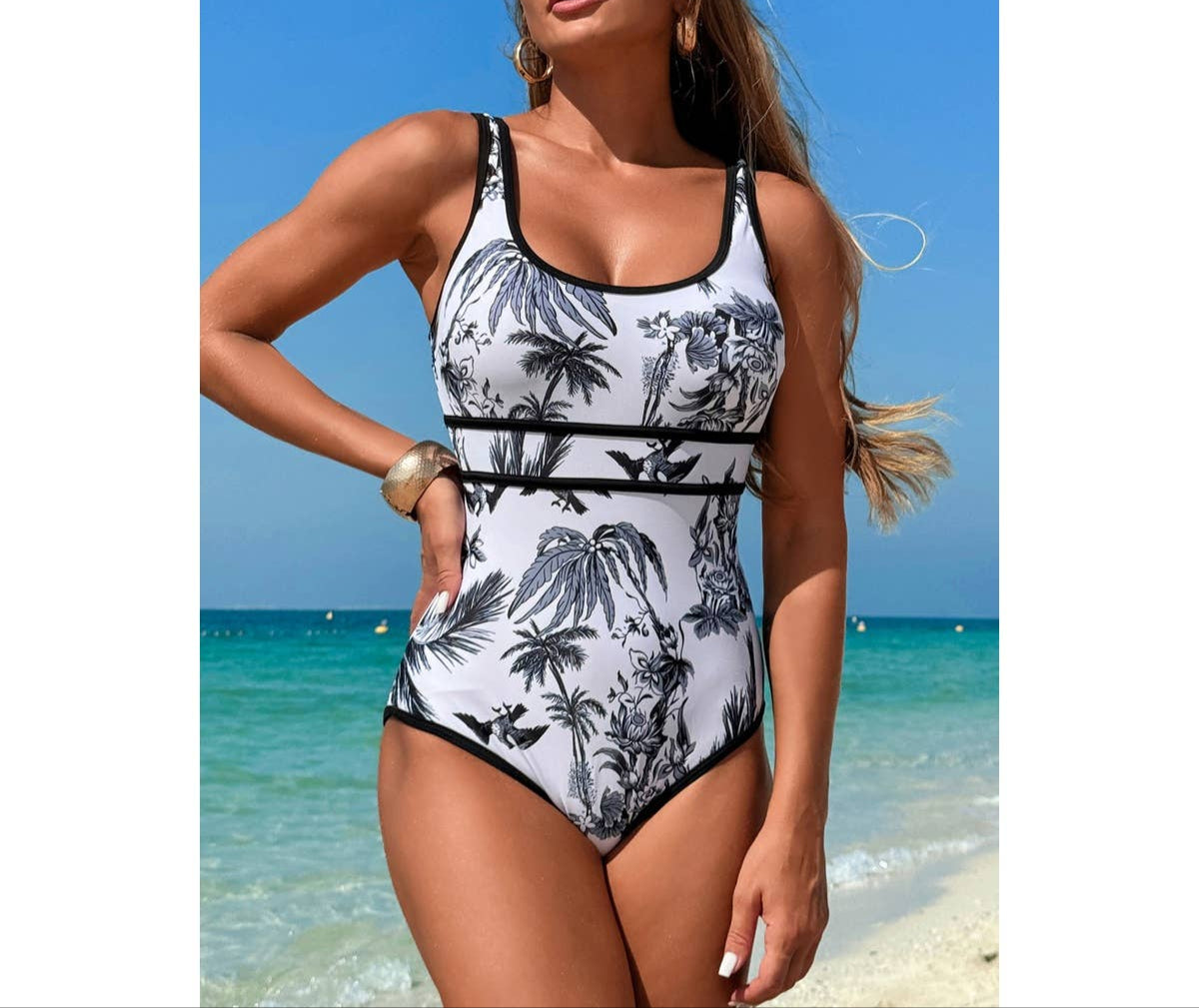 U Neck Contrast Trim Strip One Piece Swimsuit | One Piece Swim Suit - Women's | F, new arrival, one piece, shoppe247, swimsuit | Elings