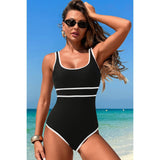 U Neck Contrast Trim Strip One Piece Swimsuit