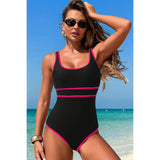 U Neck Contrast Trim Strip One Piece Swimsuit