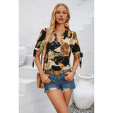 V Neck Floral Knot Trim Sleeves Loose Blouse