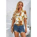 V Neck Floral Knot Trim Sleeves Loose Blouse