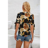 V Neck Floral Knot Trim Sleeves Loose Blouse