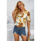 V Neck Floral Knot Trim Sleeves Loose Blouse