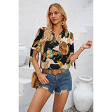 V Neck Floral Knot Trim Sleeves Loose Blouse