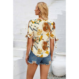 V Neck Floral Knot Trim Sleeves Loose Blouse