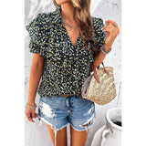 V Neck Heavy Ruffle Ditsy Print Collar Blouse