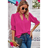 V Neck Ruched Sleeves Solid Loose Fit Blouse