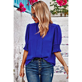 V Neck Ruched Sleeves Solid Loose Fit Blouse