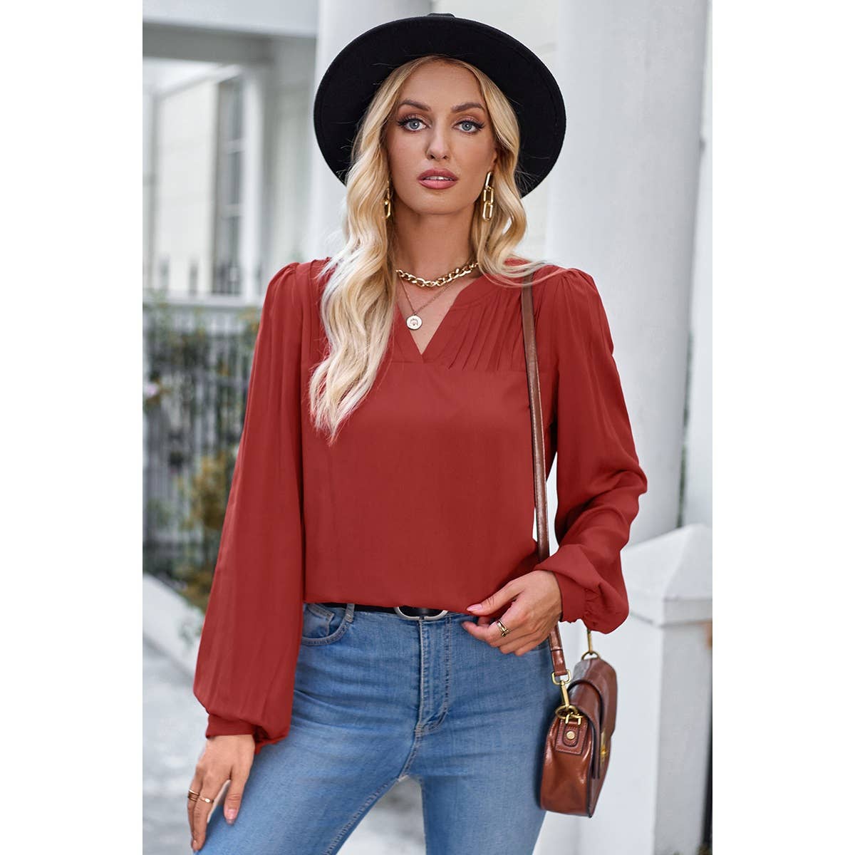 V Neck Ruched Wide Sleeve Loose Fit Solid Blouse - Elings