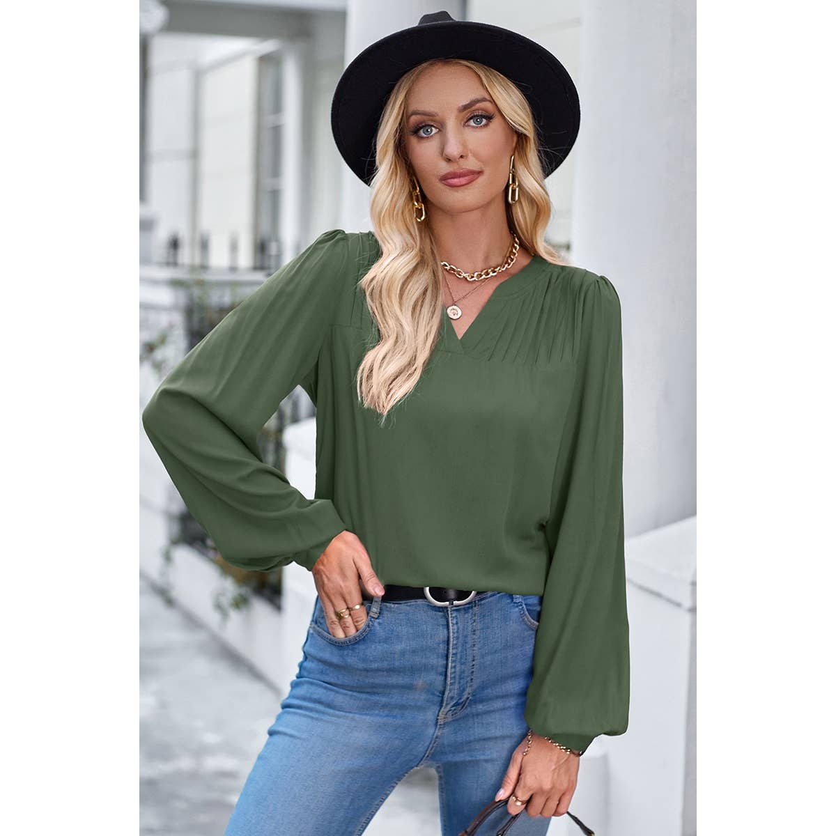 V Neck Ruched Wide Sleeve Loose Fit Solid Blouse | Blouse - Women's | F, Long Sleeve, long sleeve top, new arrival, S, shoppe247, Top | Elings