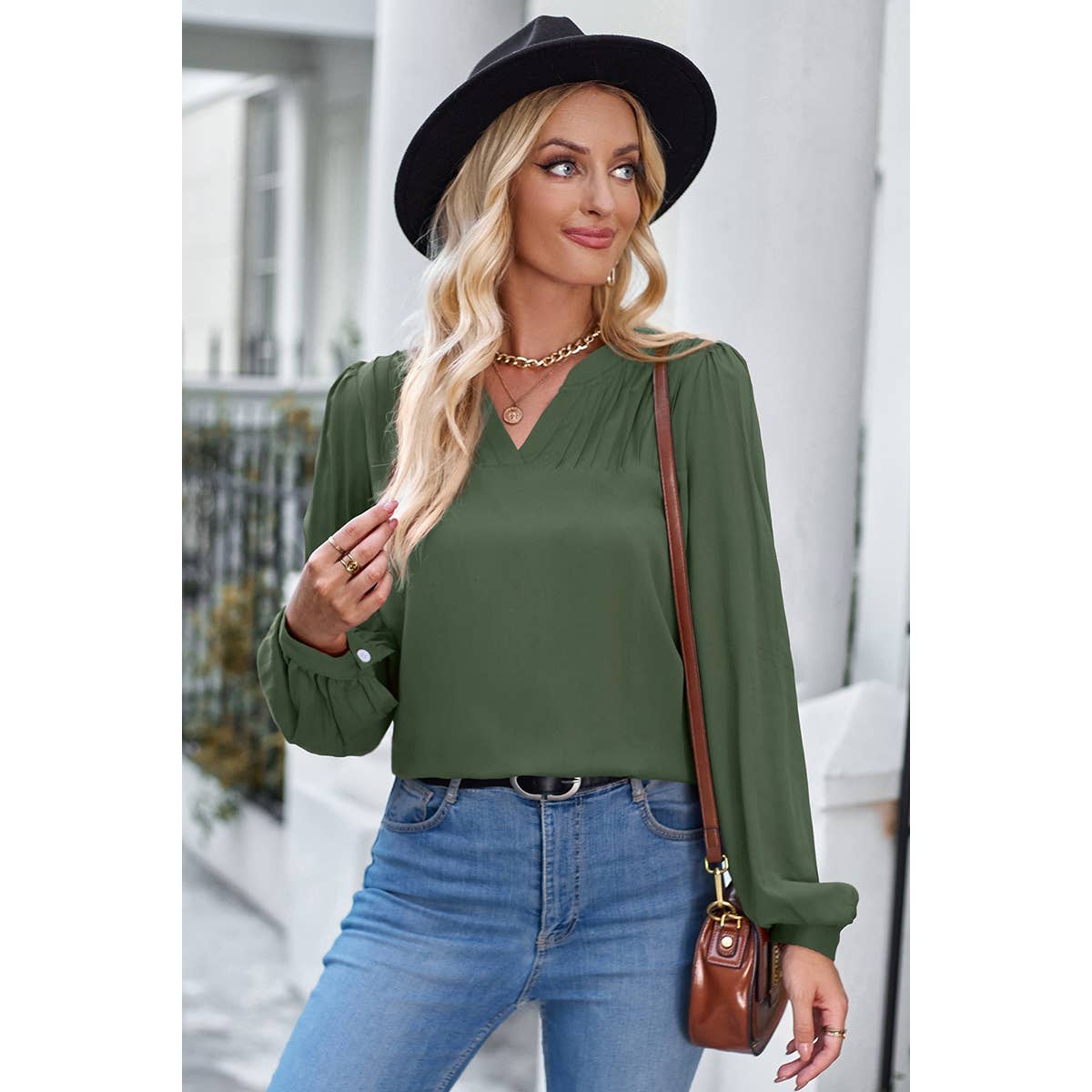 V Neck Ruched Wide Sleeve Loose Fit Solid Blouse - Elings