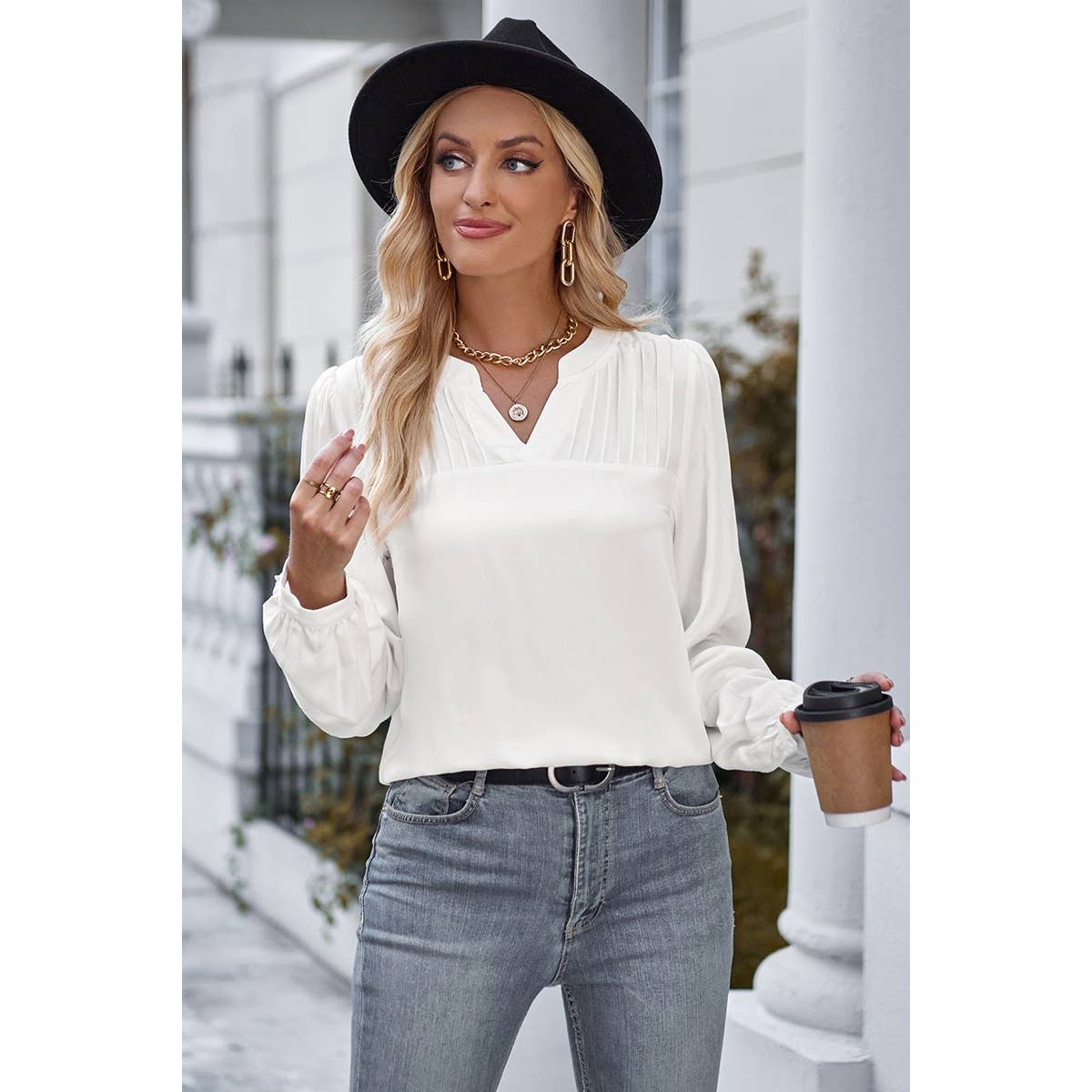 V Neck Ruched Wide Sleeve Loose Fit Solid Blouse - Elings