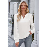 V Neck Ruched Wide Sleeve Loose Fit Solid Blouse - Elings