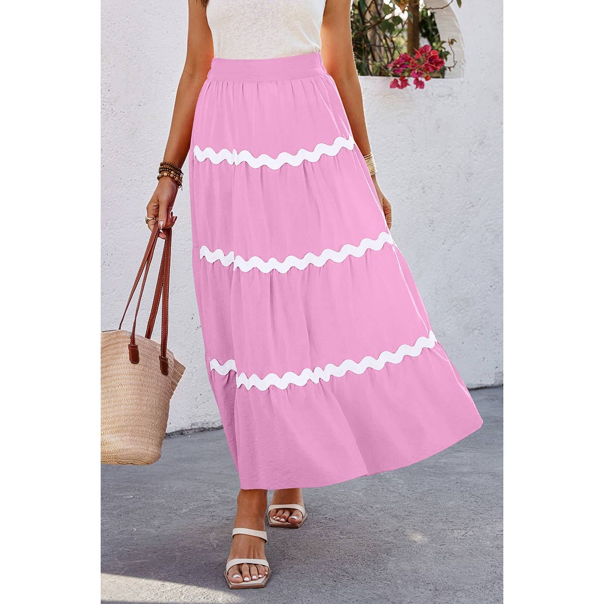 Waves Print Pleated Elastic Waist Band Skirt