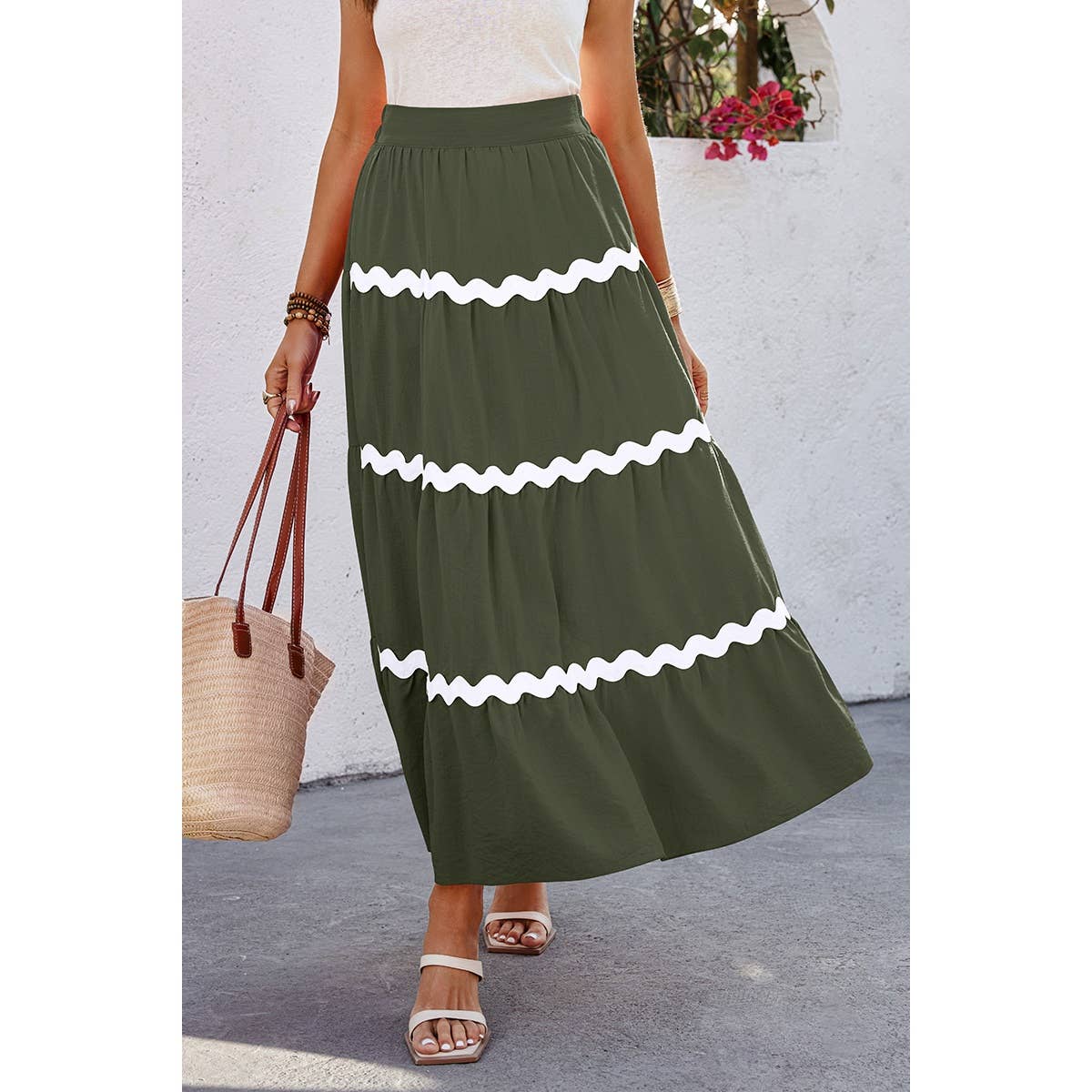 Waves Print Pleated Elastic Waist Band Skirt