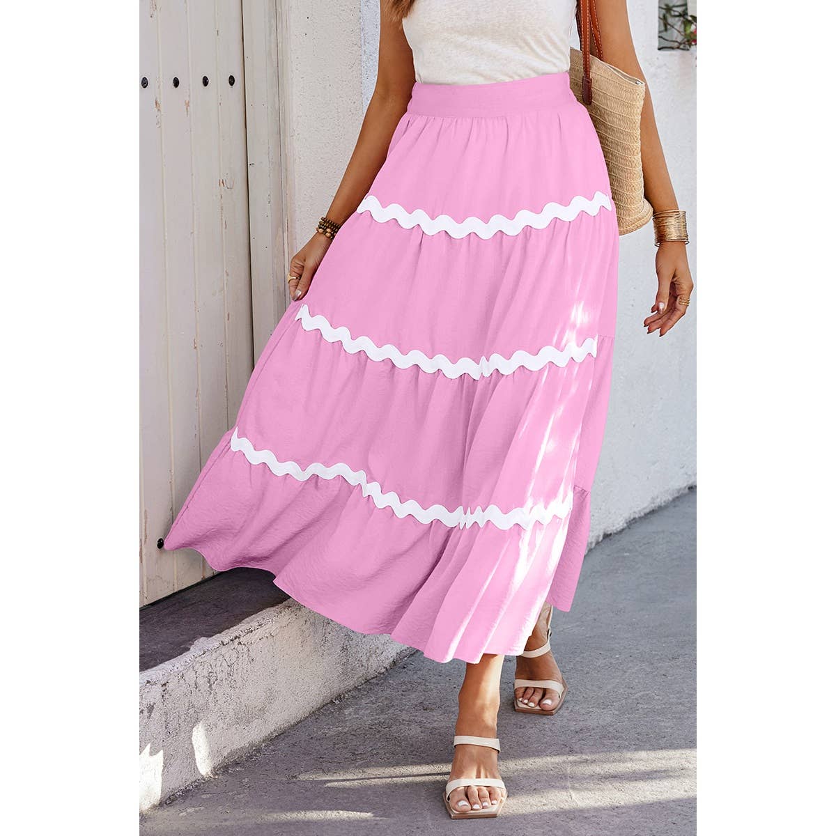 Waves Print Pleated Elastic Waist Band Skirt