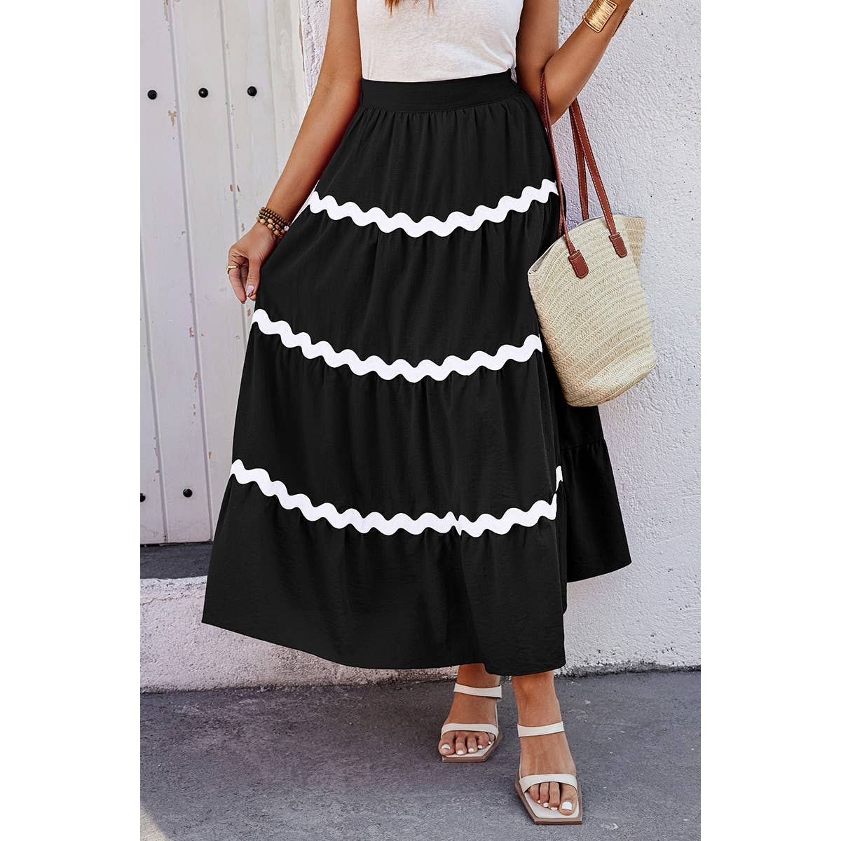 Waves Print Pleated Elastic Waist Band Skirt