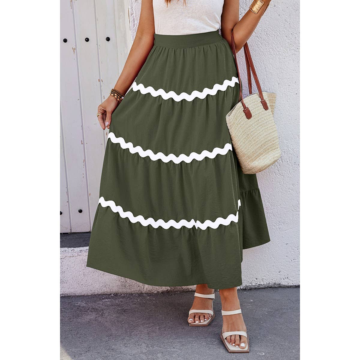 Waves Print Pleated Elastic Waist Band Skirt