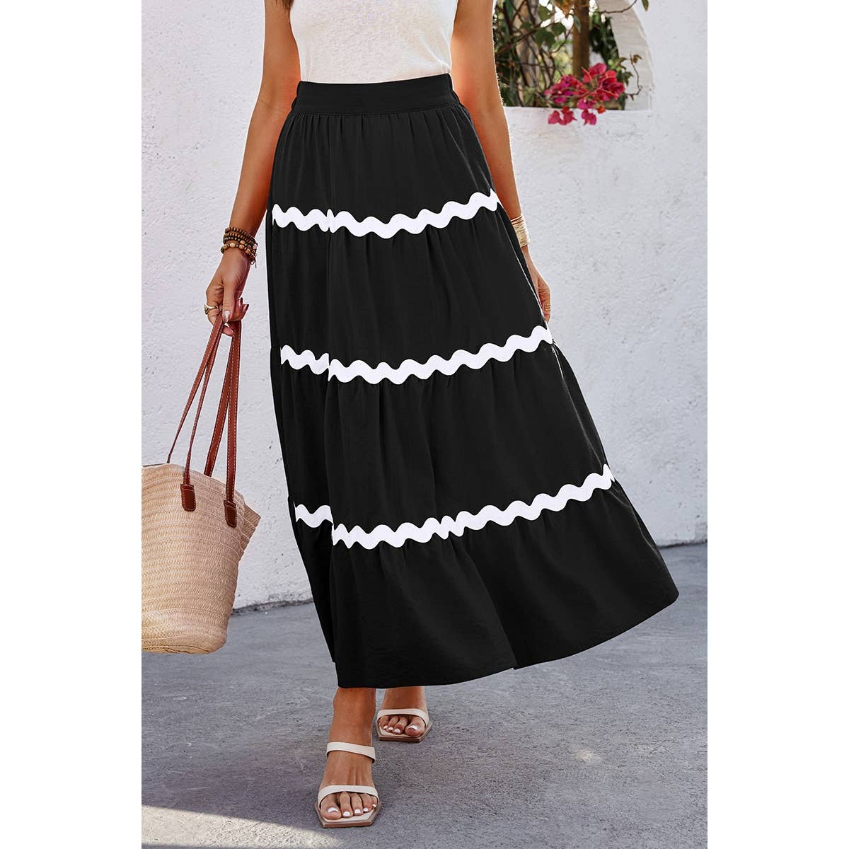 Waves Print Pleated Elastic Waist Band Skirt