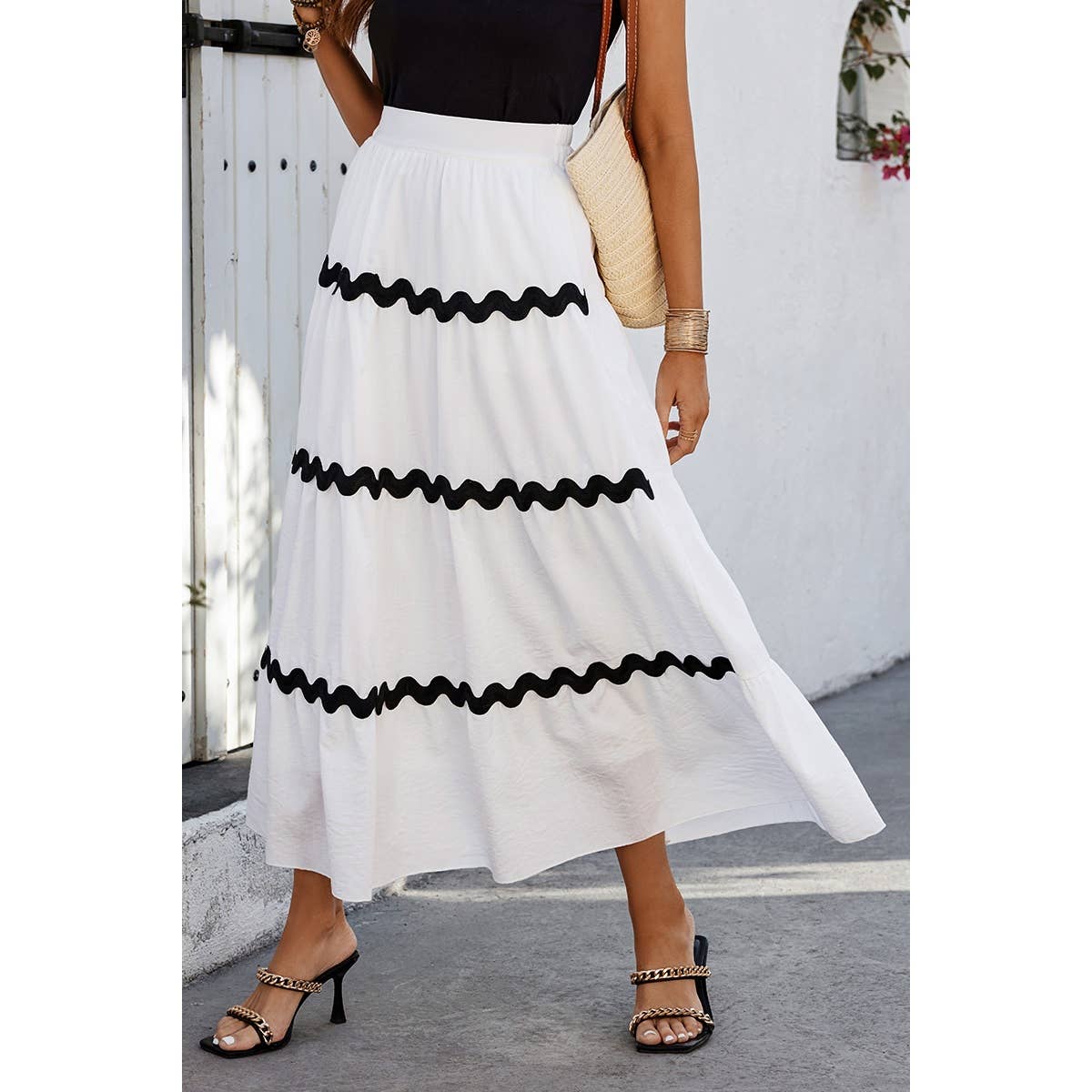 Waves Print Pleated Elastic Waist Band Skirt | Skirt - Women's | F, new arrival, Skirt | Elings