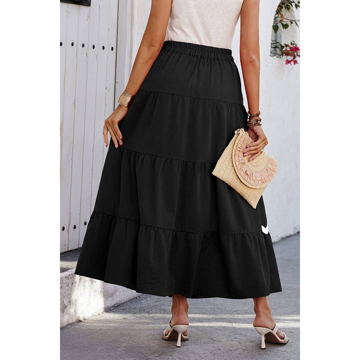 Waves Print Pleated Elastic Waist Band Skirt