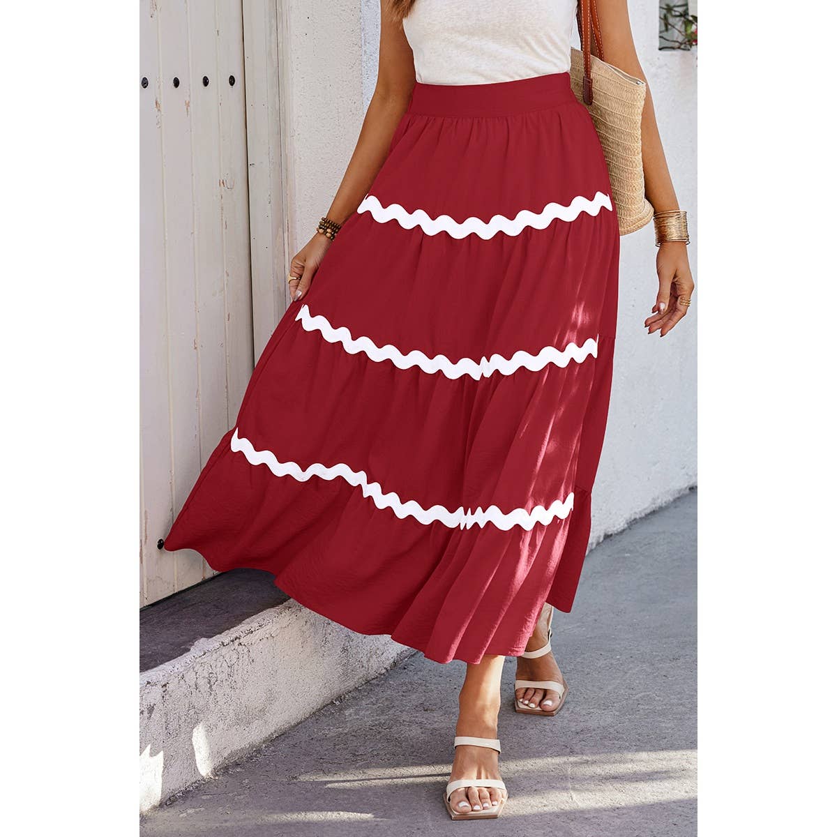 Waves Print Pleated Elastic Waist Band Skirt