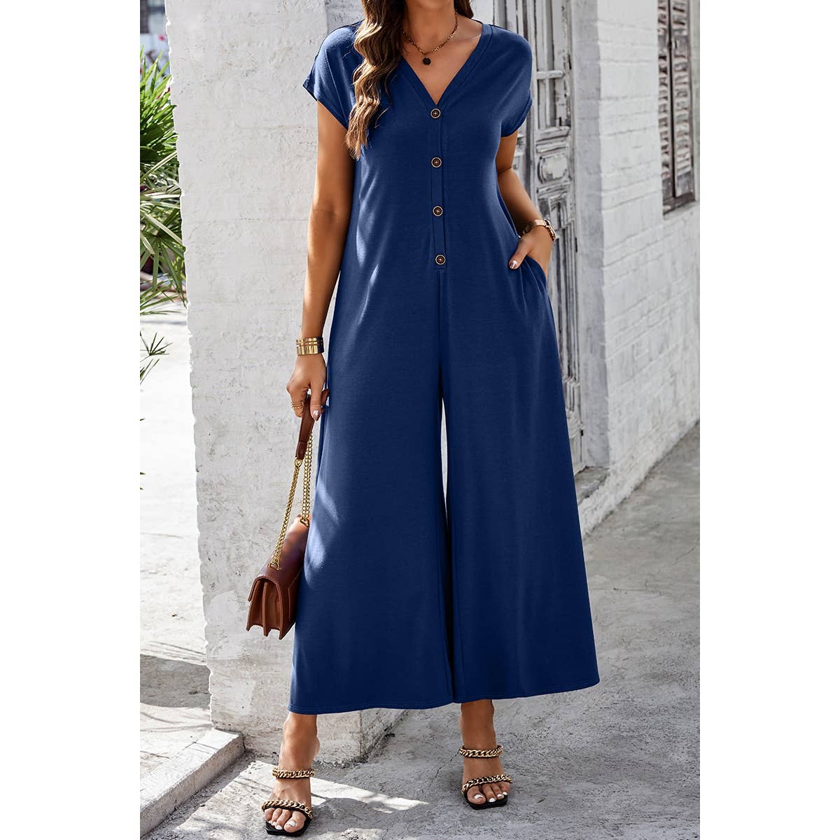 Wide Leg Button Trim Pockets V Neck Jumpsuit