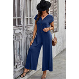 Wide Leg Button Trim Pockets V Neck Jumpsuit