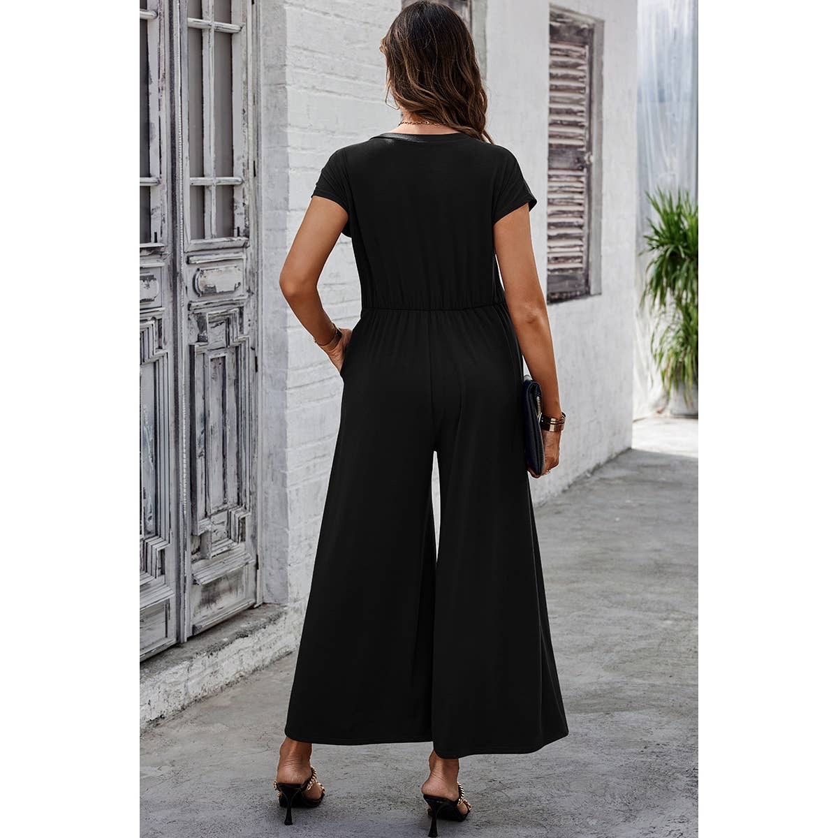 Wide Leg Button Trim Pockets V Neck Jumpsuit